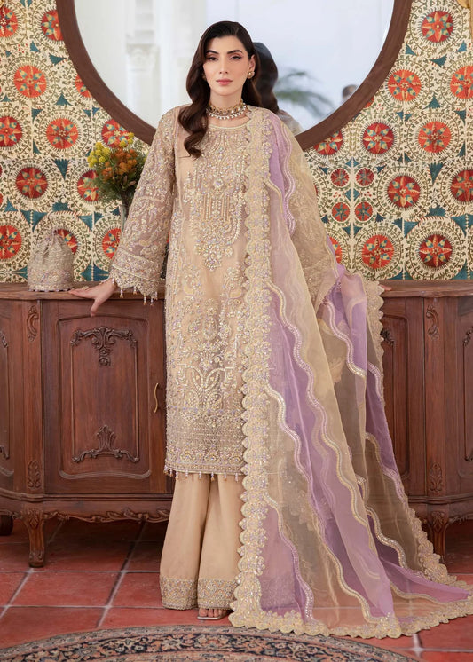Model wearing beige and lilac Mahin outfit from Kanwal Malik—Pakistani luxury pret perfect for festive wear, shop online in UK now.