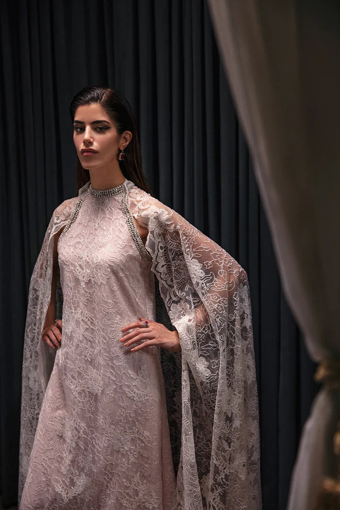 Model wearing Saira Rizwan Luxury Pret Chantilly '23 ELAINE dress, showcasing Pakistani clothes online in the UK.