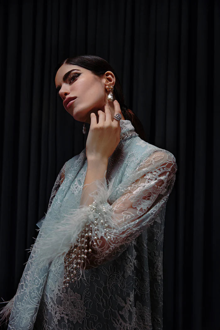 Model wearing Saira Rizwan Luxury Pret Chantilly '23 NEVAN dress, showcasing Pakistani clothes online in UK.