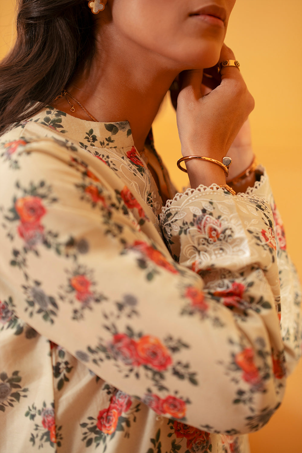 Model wearing beige floral printed outfit from Saira Rizwan Joolie | JOOLIE BEIGE - JBP25-04, Pakistani luxury pret available online in UK.