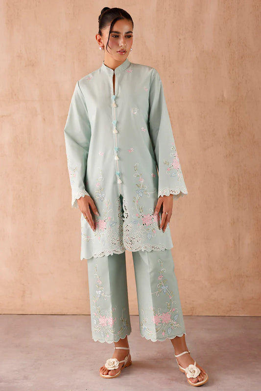 Model wearing mint green embroidered coords EP-06 Juni from Qalamkar, Pakistani luxury pret online in UK.
