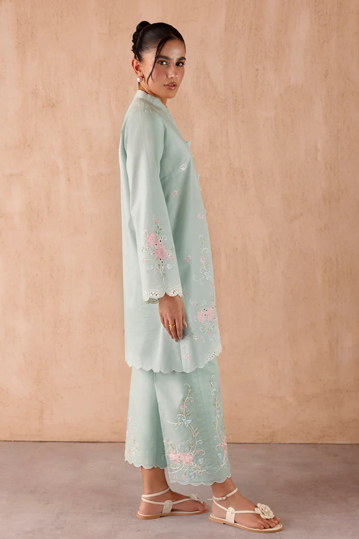 Model wearing mint green embroidered coords EP-06 Juni from Qalamkar, Pakistani luxury pret online in UK.