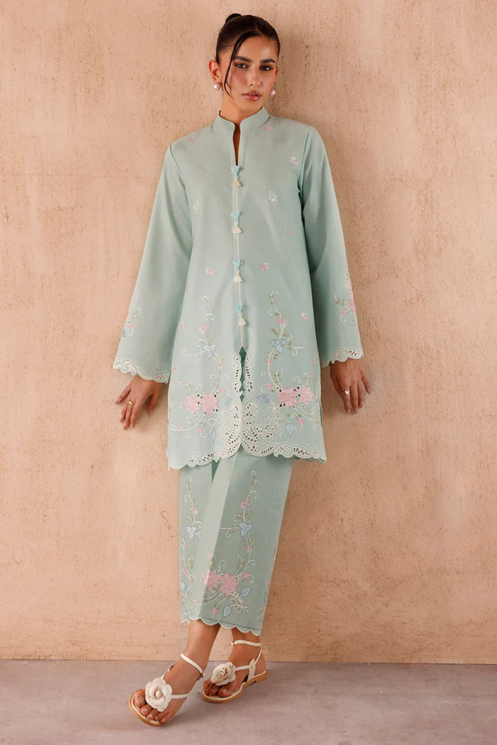 Model wearing mint green embroidered coords EP-06 Juni from Qalamkar, Pakistani luxury pret online in UK.