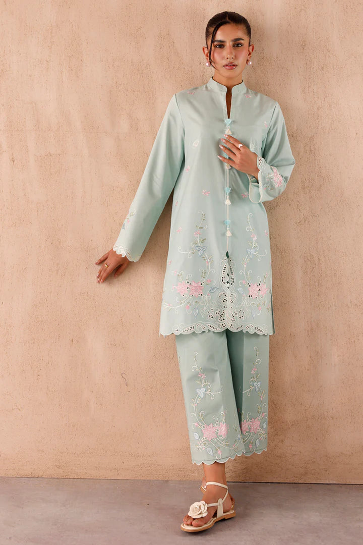 Model wearing mint green embroidered coords EP-06 Juni from Qalamkar, Pakistani luxury pret online in UK.