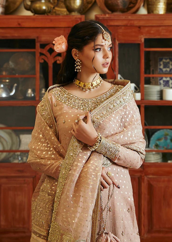 Model wearing blush pink Hala dress from Kanwal Malik, Afsheen Luxury Pret 2024 collection. Pakistani clothes online in UK, wedding clothes.