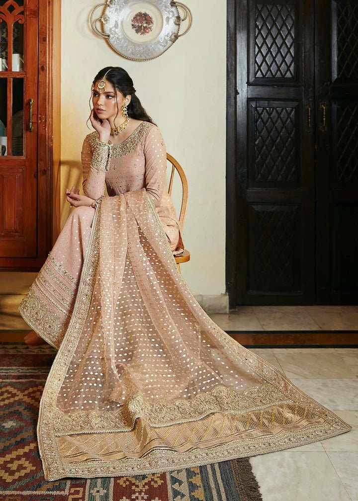 Model wearing blush pink Hala dress from Kanwal Malik, Afsheen Luxury Pret 2024 collection. Pakistani clothes online in UK, wedding clothes.