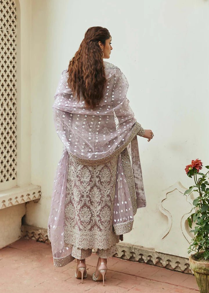 Model wearing lavender Nigar dress from Kanwal Malik, Afsheen Luxury Pret 2024 collection. Pakistani clothes online in UK, wedding clothes.