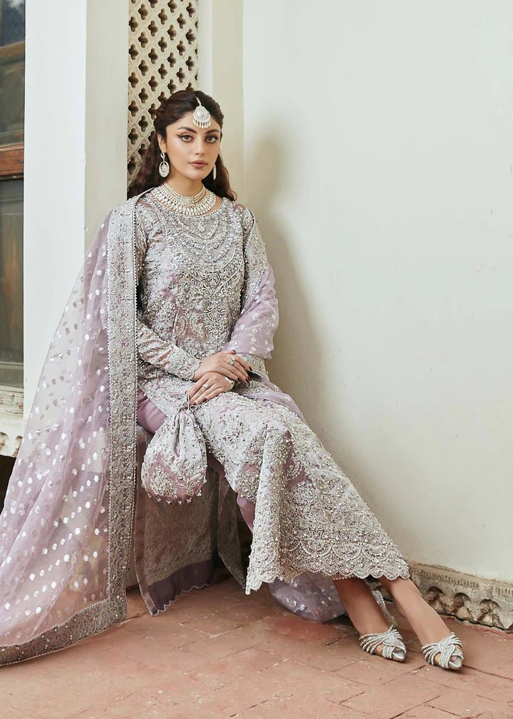 Model wearing lavender Nigar dress from Kanwal Malik, Afsheen Luxury Pret 2024 collection. Pakistani clothes online in UK, wedding clothes.