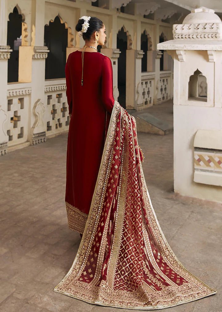 Model wearing red Noreen dress from Kanwal Malik, Afsheen Luxury Pret 2024 collection. Pakistani clothes online in UK, wedding clothes.