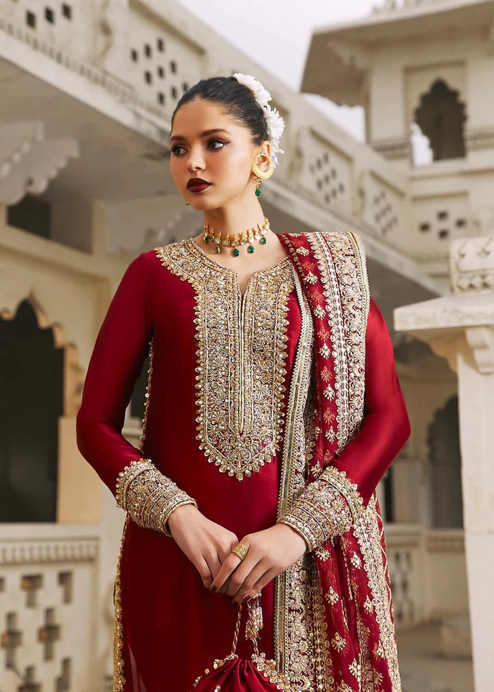 Model wearing red Noreen dress from Kanwal Malik, Afsheen Luxury Pret 2024 collection. Pakistani clothes online in UK, wedding clothes.