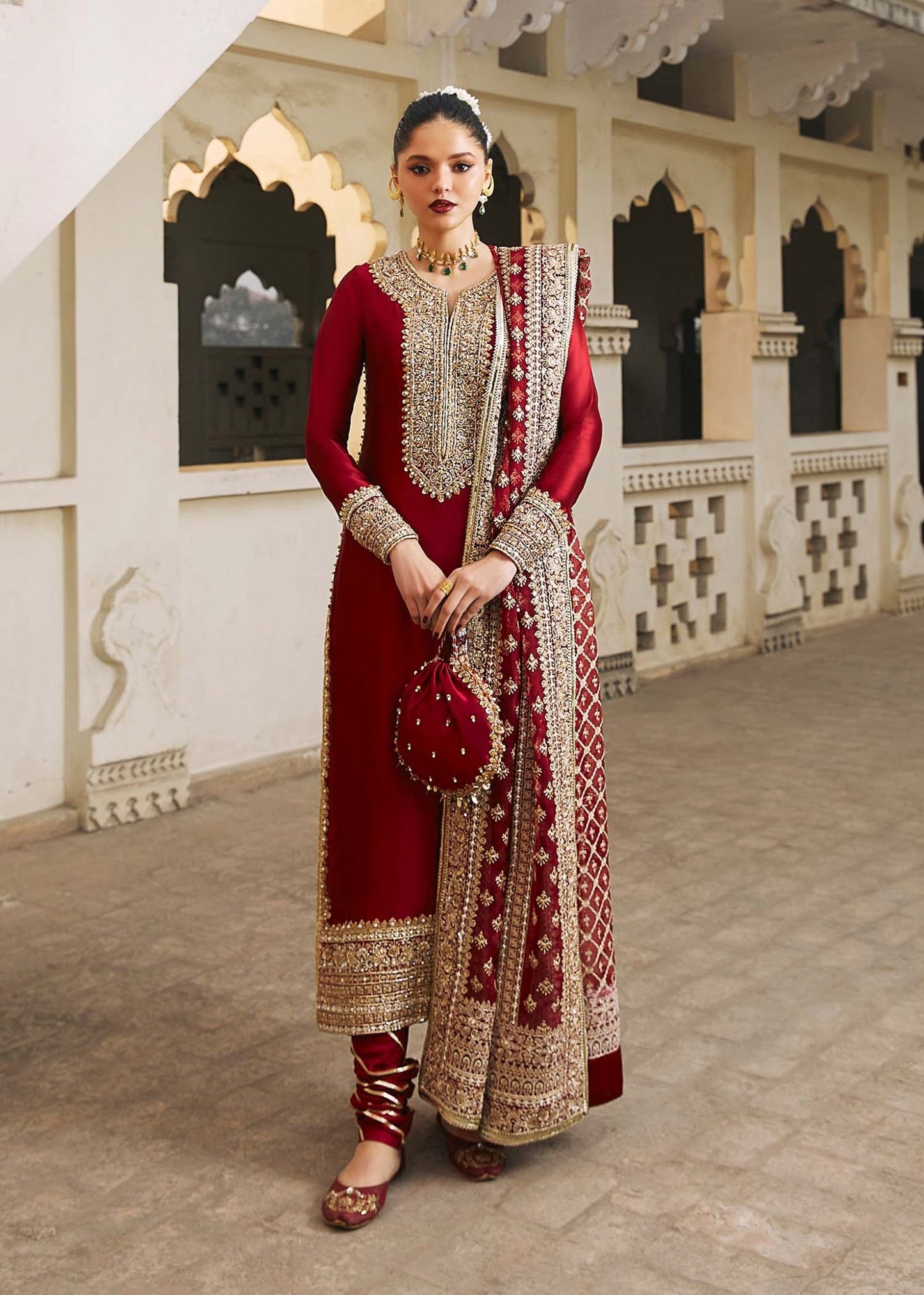 Model wearing red Noreen dress from Kanwal Malik, Afsheen Luxury Pret 2024 collection. Pakistani clothes online in UK, wedding clothes.