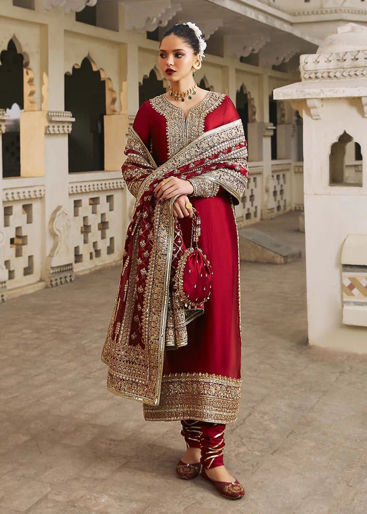 Model wearing red Noreen dress from Kanwal Malik, Afsheen Luxury Pret 2024 collection. Pakistani clothes online in UK, wedding clothes.