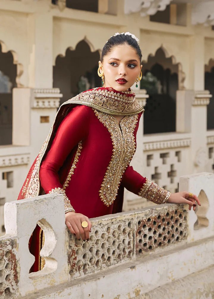 Model wearing red Noreen dress from Kanwal Malik, Afsheen Luxury Pret 2024 collection. Pakistani clothes online in UK, wedding clothes.