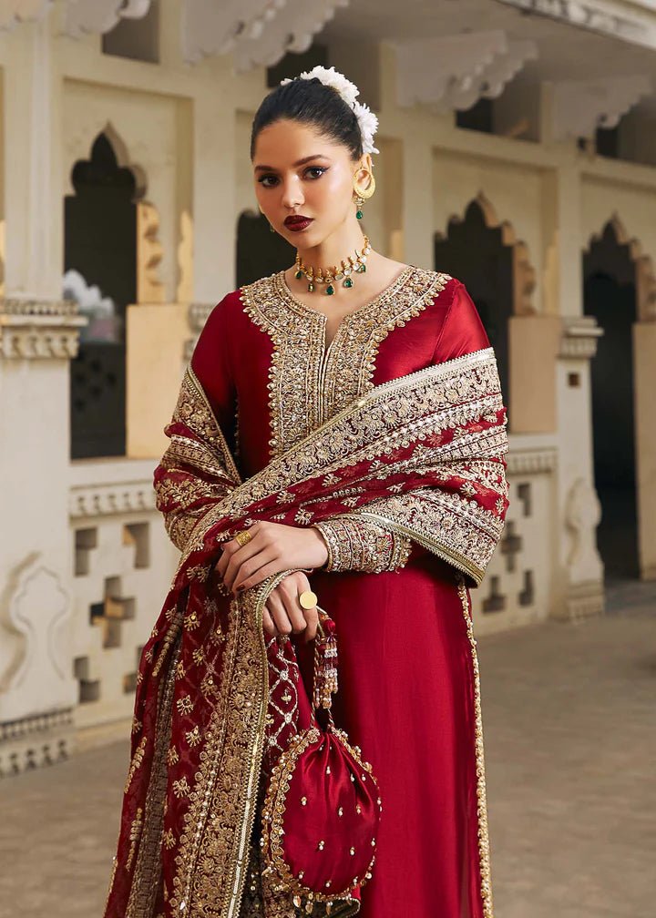 Model wearing red Noreen dress from Kanwal Malik, Afsheen Luxury Pret 2024 collection. Pakistani clothes online in UK, wedding clothes.