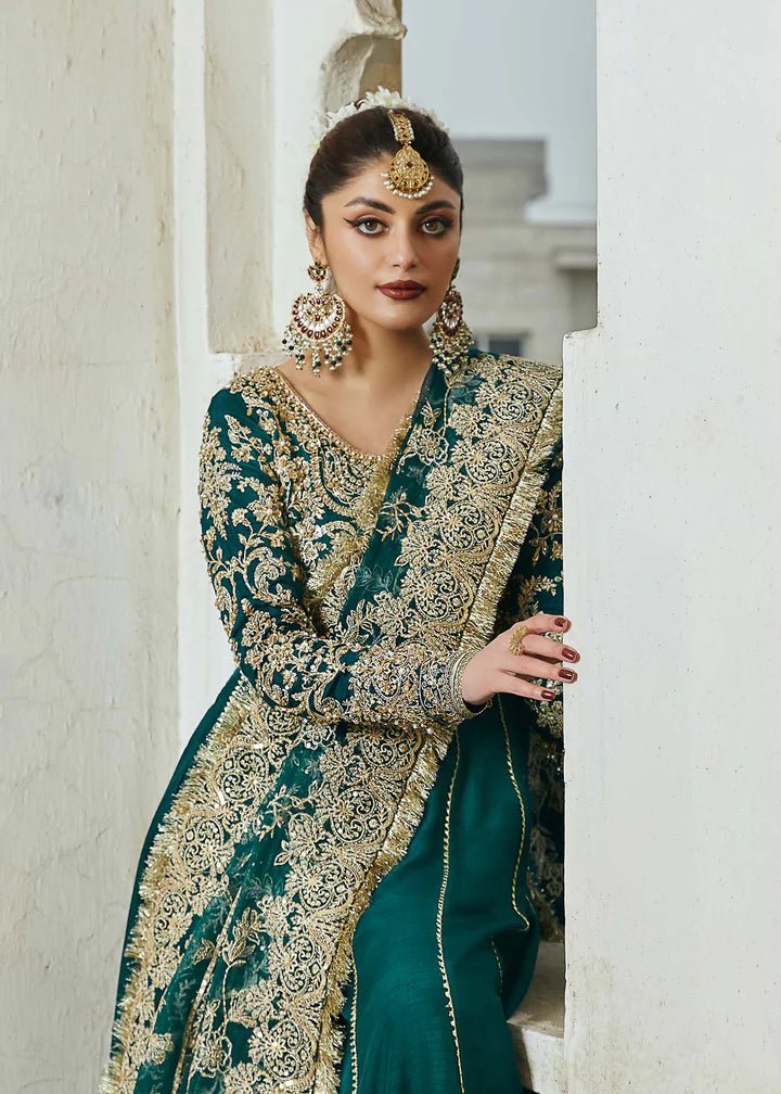 Model wearing teal Tammana dress from Kanwal Malik, Afsheen Luxury Pret 2024 collection. Pakistani clothes online in UK, wedding clothes.