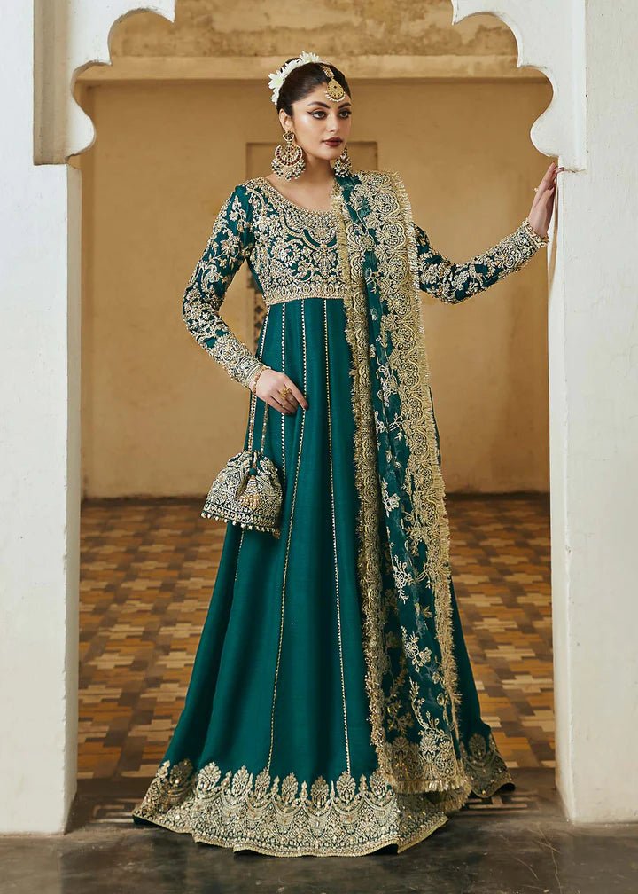 Model wearing teal Tammana dress from Kanwal Malik, Afsheen Luxury Pret 2024 collection. Pakistani clothes online in UK, wedding clothes.