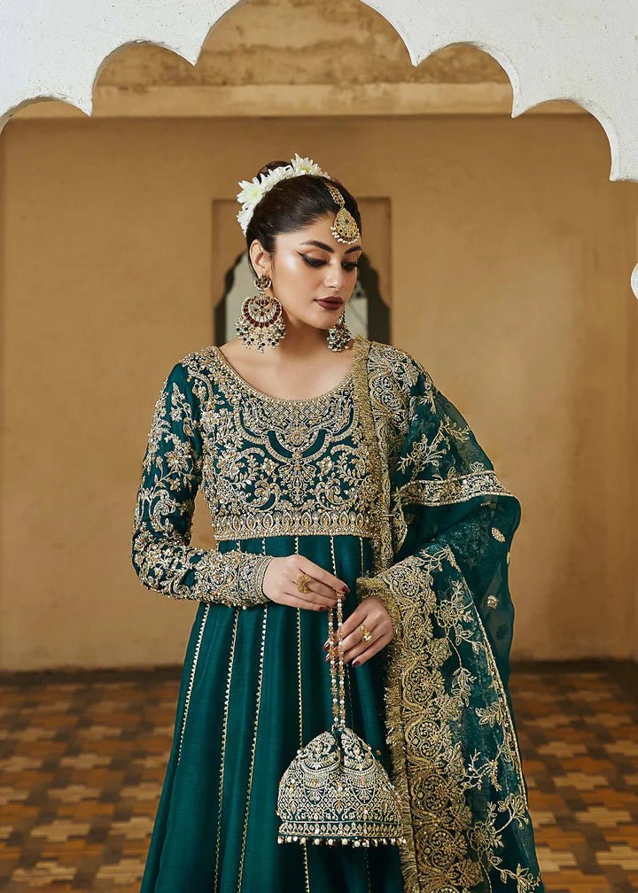 Model wearing teal Tammana dress from Kanwal Malik, Afsheen Luxury Pret 2024 collection. Pakistani clothes online in UK, wedding clothes.