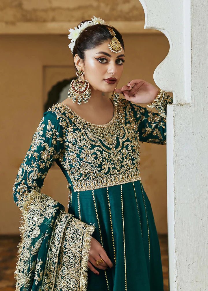 Model wearing teal Tammana dress from Kanwal Malik, Afsheen Luxury Pret 2024 collection. Pakistani clothes online in UK, wedding clothes.