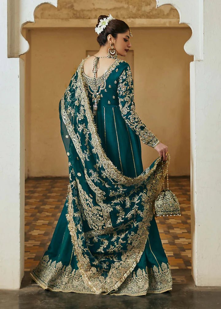 Model wearing teal Tammana dress from Kanwal Malik, Afsheen Luxury Pret 2024 collection. Pakistani clothes online in UK, wedding clothes.