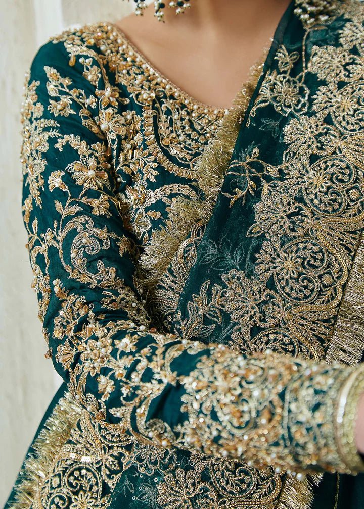 Model wearing teal Tammana dress from Kanwal Malik, Afsheen Luxury Pret 2024 collection. Pakistani clothes online in UK, wedding clothes.