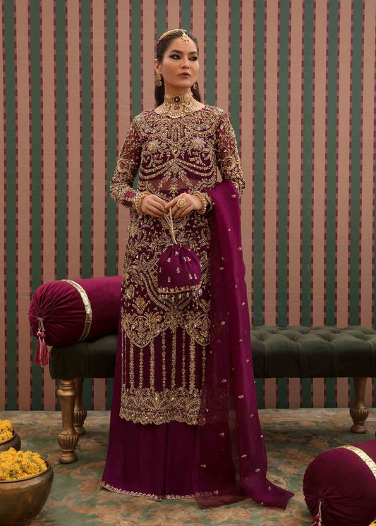 Kanwal Malik UK Anari dress, rich maroon Pakistani clothes UK, Angana '23 luxury.