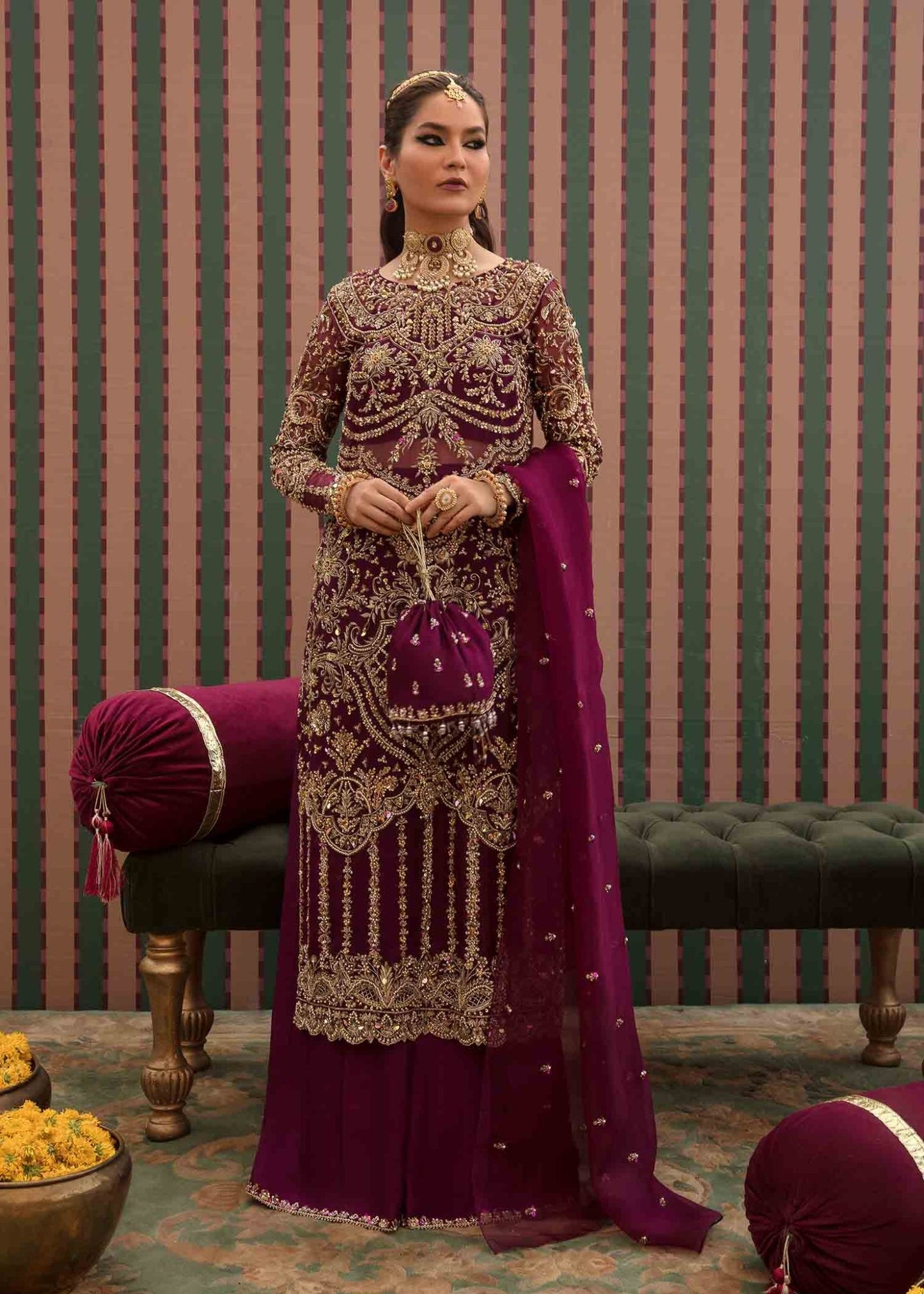 Kanwal Malik UK Anari dress, rich maroon Pakistani clothes UK, Angana '23 luxury.