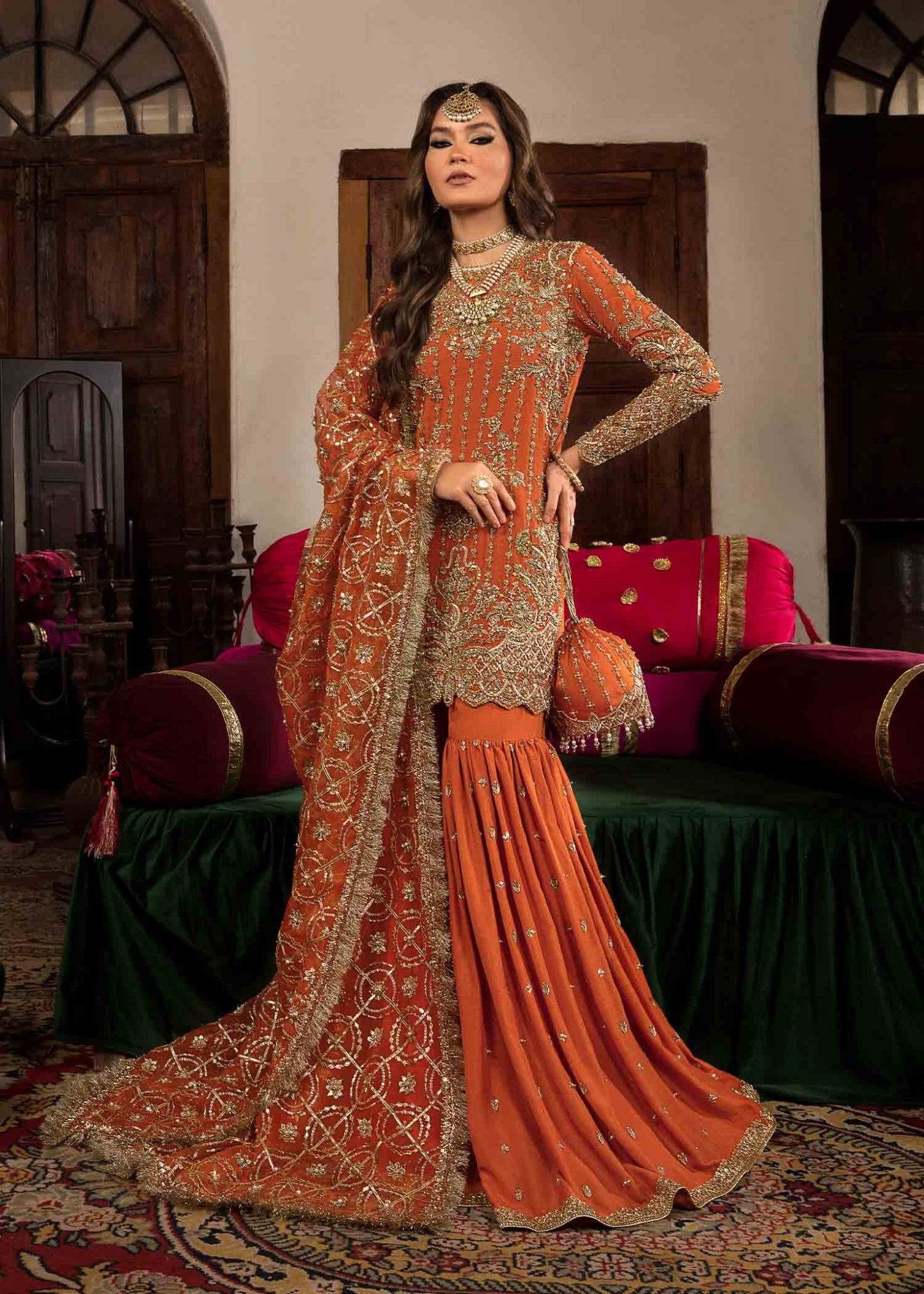 Kanwal Malik UK Narangi dress, opulent gold embroidery, luxurious Pakistani clothes UK.