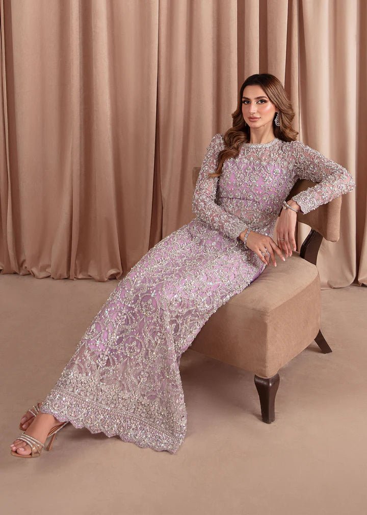 Model wearing Kanwal Malik Elara Luxury Pret '24 Eliza dress in lavender, showcasing Pakistani wedding clothes online in the UK.