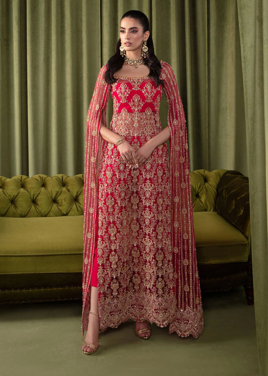 Model wearing Kanwal Malik Elara Luxury Pret '24 Mirage dress in red, showcasing Pakistani wedding clothes online in the UK.