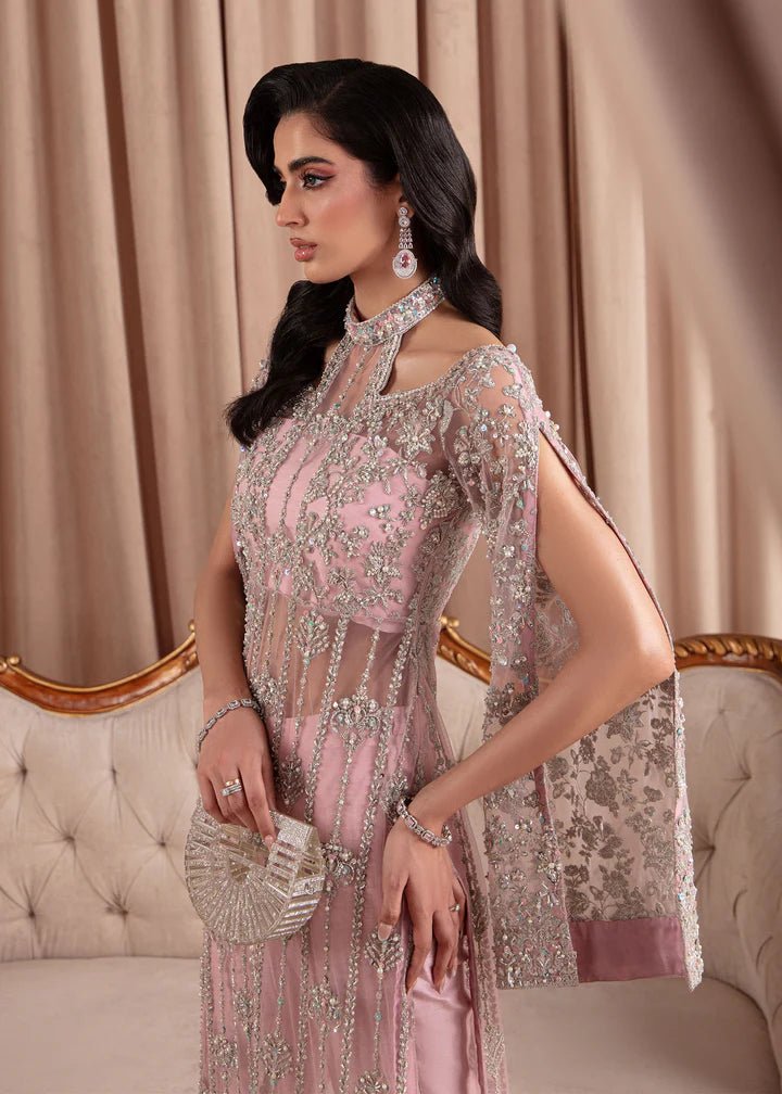 Model wearing Kanwal Malik Elara Luxury Pret '24 Valentina dress in blush pink, showcasing Pakistani wedding clothes online in the UK.