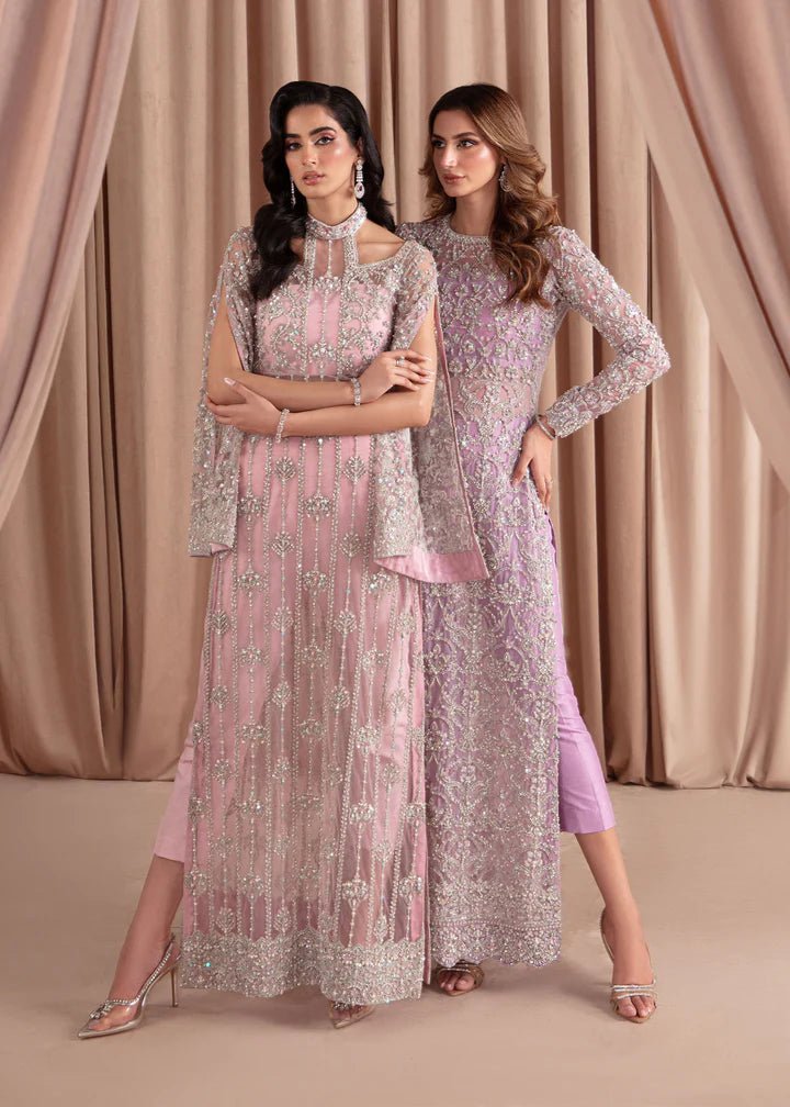 Model wearing Kanwal Malik Elara Luxury Pret '24 Valentina dress in blush pink, showcasing Pakistani wedding clothes online in the UK.