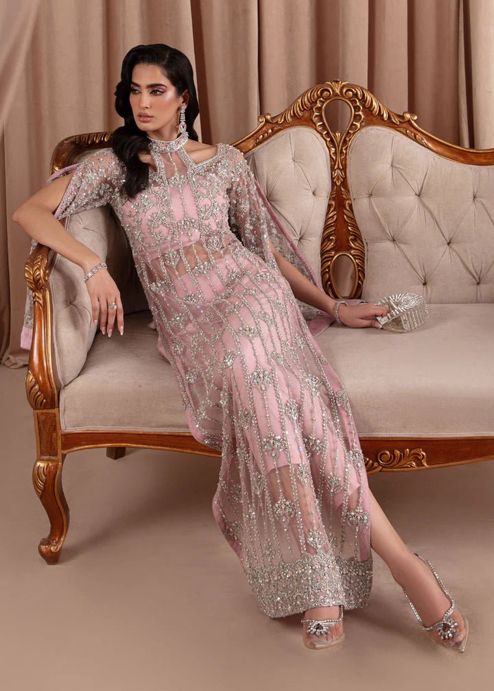 Model wearing Kanwal Malik Elara Luxury Pret '24 Valentina dress in blush pink, showcasing Pakistani wedding clothes online in the UK.