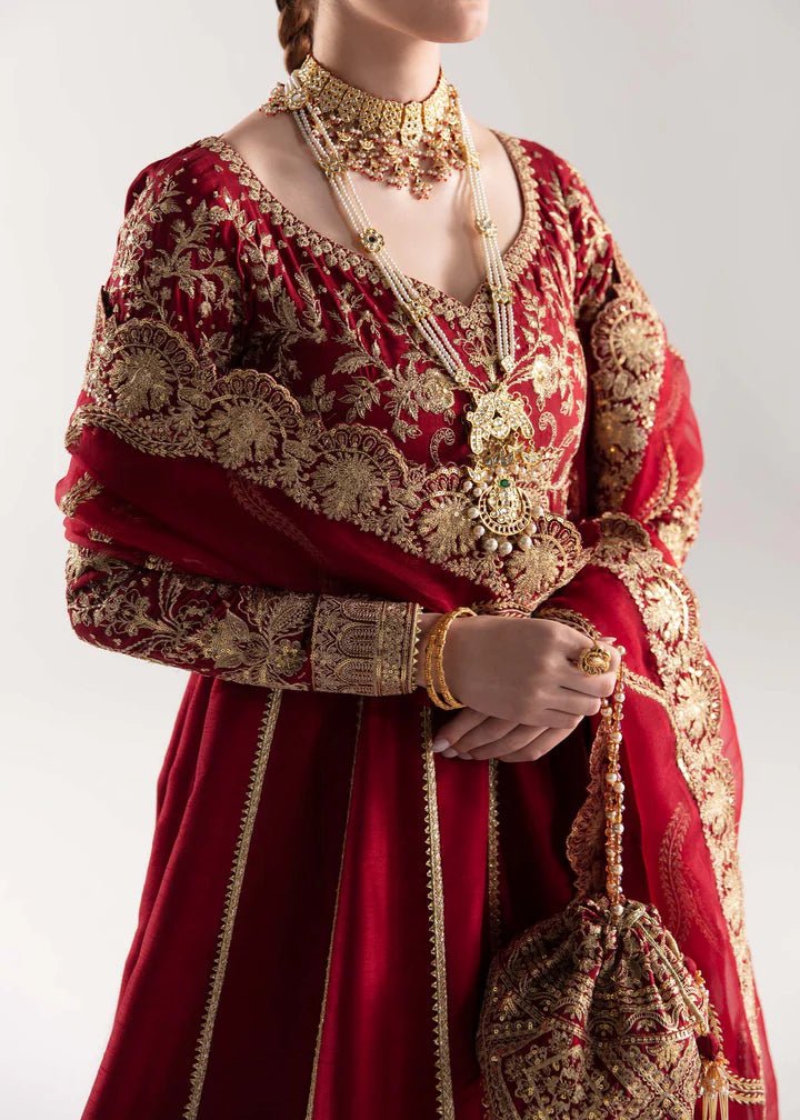 Model wearing red Ayza dress from Kanwal Malik, Jugan Luxury Pret 2024 collection. Pakistani clothes online in UK, wedding clothes.