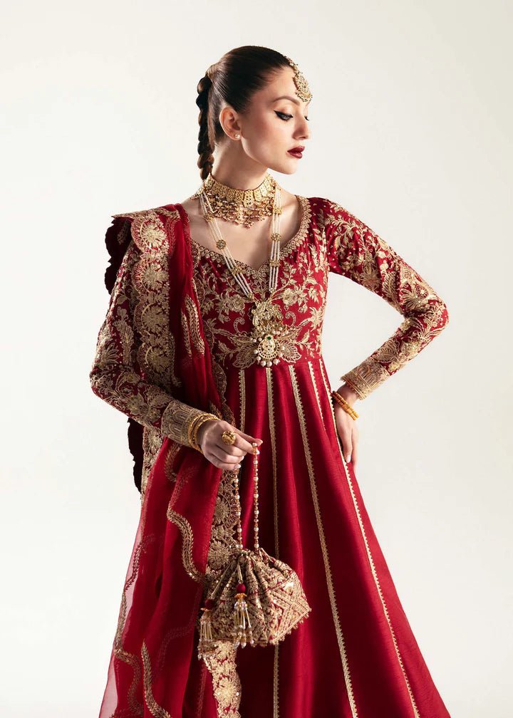 Model wearing red Ayza dress from Kanwal Malik, Jugan Luxury Pret 2024 collection. Pakistani clothes online in UK, wedding clothes.