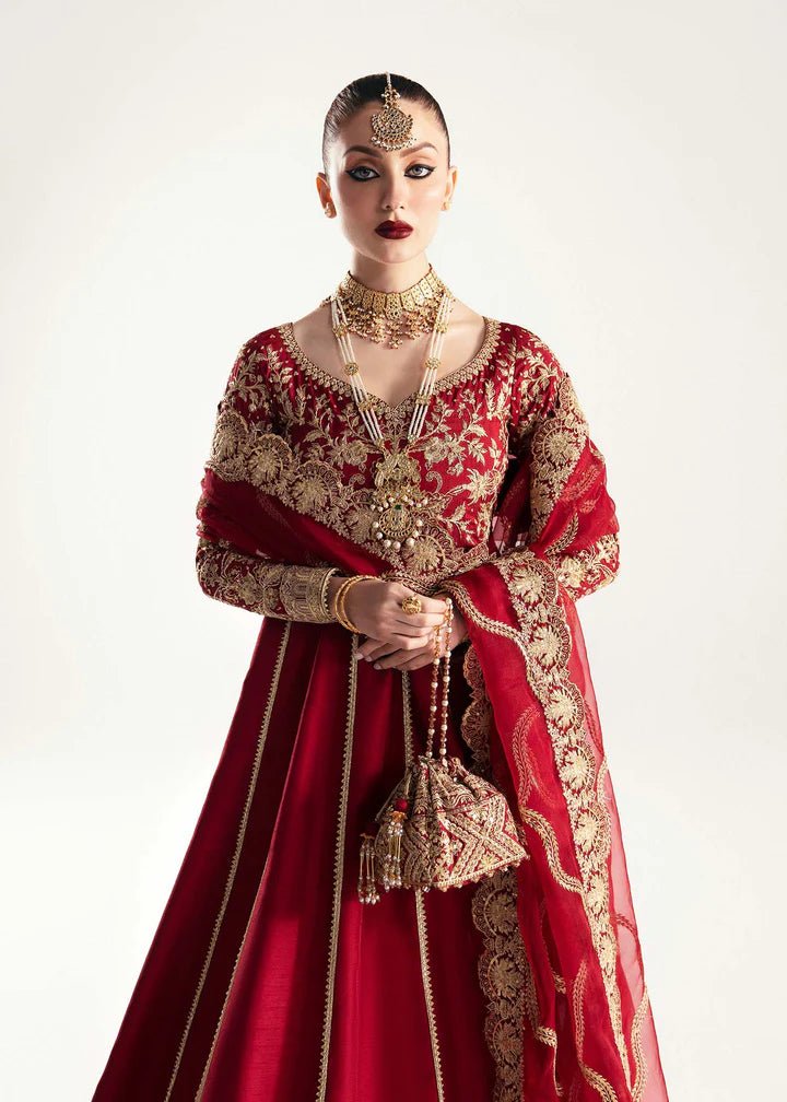 Model wearing red Ayza dress from Kanwal Malik, Jugan Luxury Pret 2024 collection. Pakistani clothes online in UK, wedding clothes.