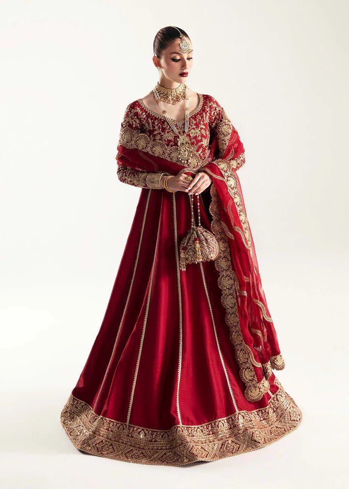 Model wearing red Ayza dress from Kanwal Malik, Jugan Luxury Pret 2024 collection. Pakistani clothes online in UK, wedding clothes.