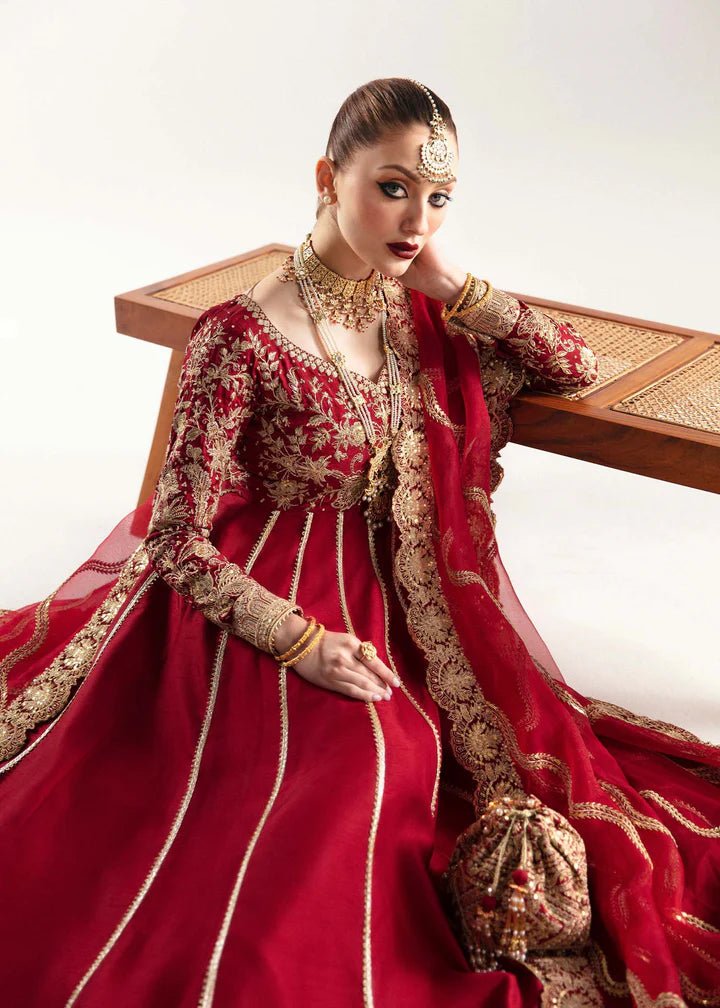 Model wearing red Ayza dress from Kanwal Malik, Jugan Luxury Pret 2024 collection. Pakistani clothes online in UK, wedding clothes.