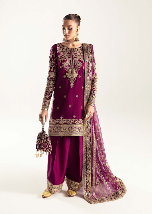 Model wearing deep purple Hania dress from Kanwal Malik, Jugan Luxury Pret 2024 collection. Pakistani clothes online in UK, wedding clothes.