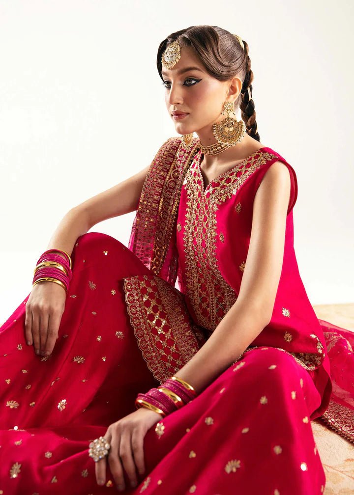 Model wearing red Irina dress from Kanwal Malik, Jugan Luxury Pret 2024 collection. Pakistani clothes online in UK, wedding clothes.