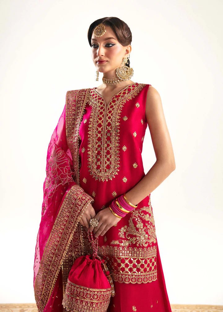 Model wearing red Irina dress from Kanwal Malik, Jugan Luxury Pret 2024 collection. Pakistani clothes online in UK, wedding clothes.