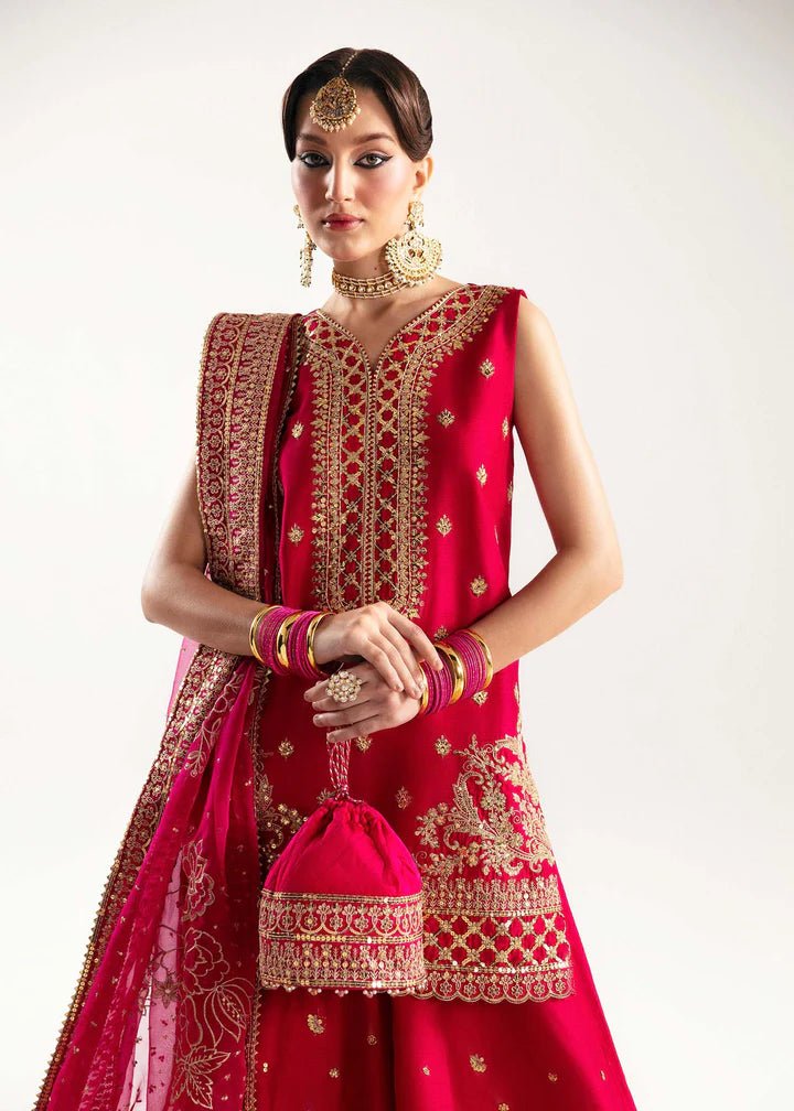 Model wearing red Irina dress from Kanwal Malik, Jugan Luxury Pret 2024 collection. Pakistani clothes online in UK, wedding clothes.