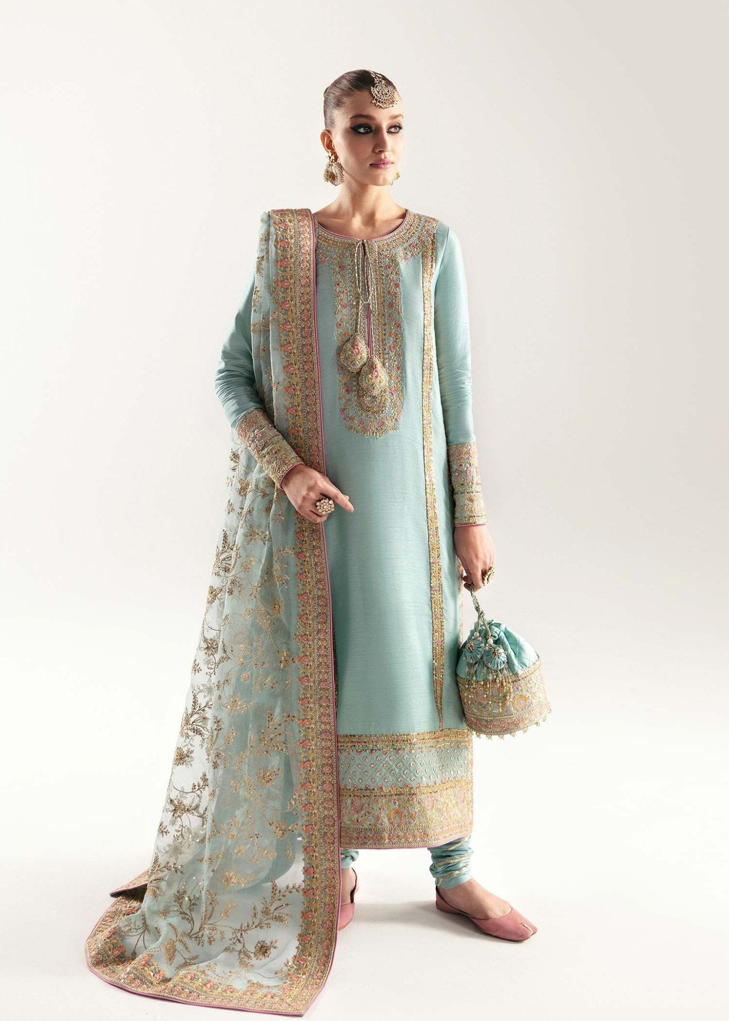 Model wearing light blue Manjeh dress from Kanwal Malik, Jugan Luxury Pret 2024 collection. Pakistani clothes online in UK, wedding clothes.