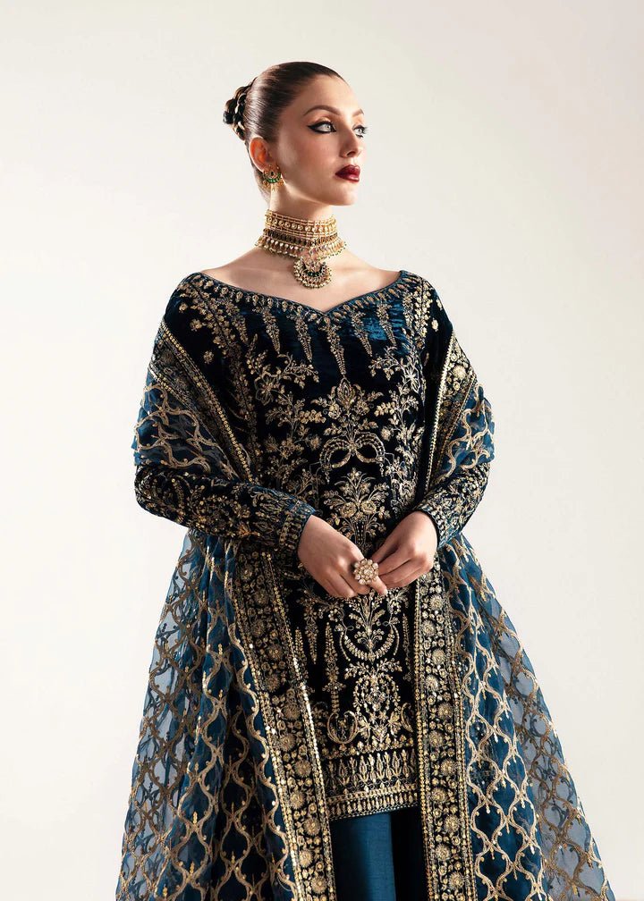 Model wearing navy blue Nazmi dress from Kanwal Malik, Jugan Luxury Pret 2024 collection. Pakistani clothes online in UK, wedding clothes.