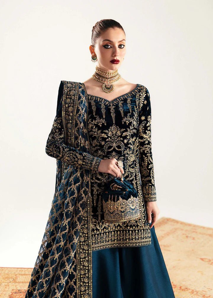 Model wearing navy blue Nazmi dress from Kanwal Malik, Jugan Luxury Pret 2024 collection. Pakistani clothes online in UK, wedding clothes.