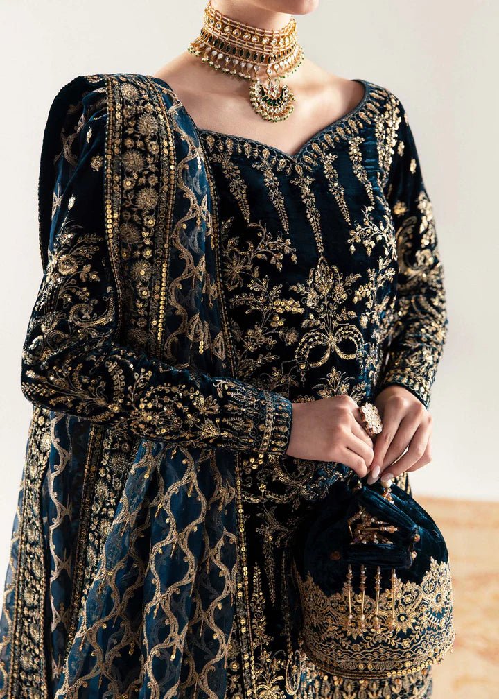 Model wearing navy blue Nazmi dress from Kanwal Malik, Jugan Luxury Pret 2024 collection. Pakistani clothes online in UK, wedding clothes.