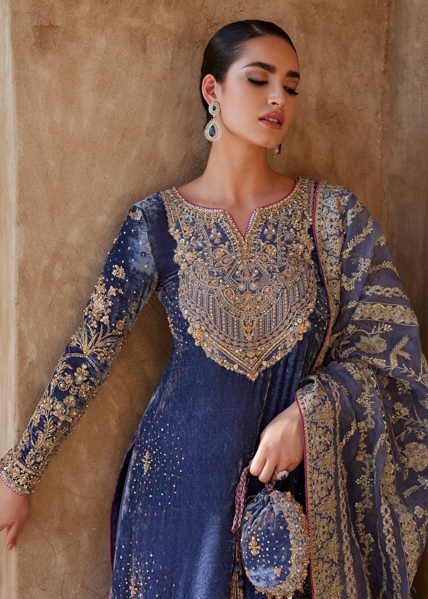 Model wearing Aleha from Kanwal Malik's Laira '24, showcasing a luxurious design. Pakistani clothes online in UK.