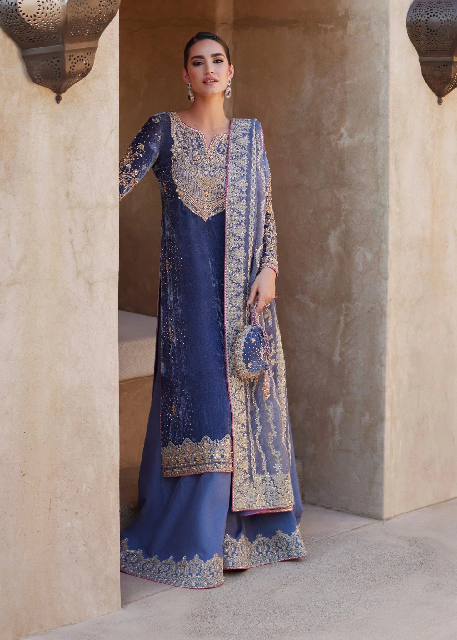 Model wearing Aleha from Kanwal Malik's Laira '24, showcasing a luxurious design. Pakistani clothes online in UK.