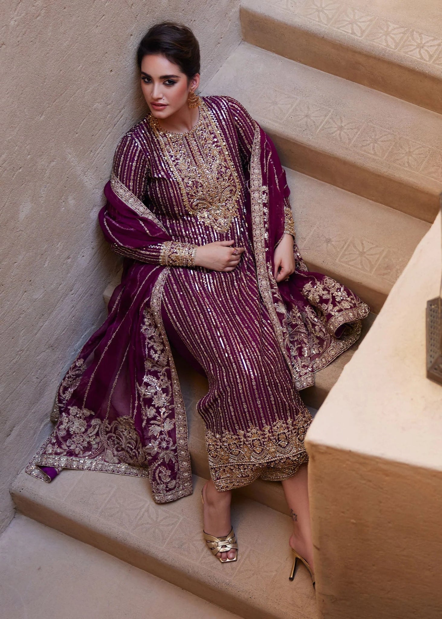 Model wearing Amara from Kanwal Malik's Laira '24, a luxurious design in a stunning ensemble. Pakistani clothes online in UK.