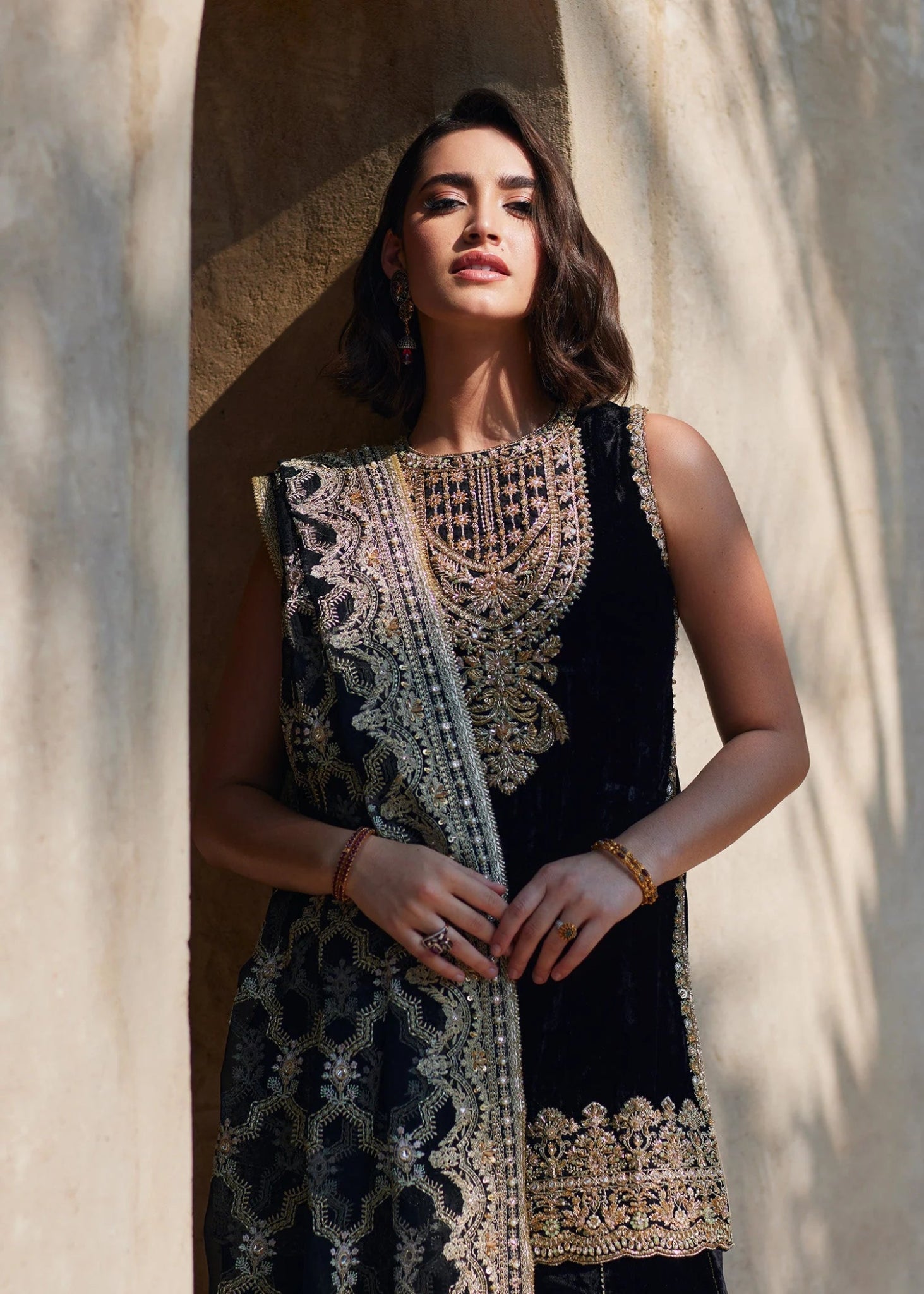 Model wearing Elynor from Kanwal Malik's Laira '24, exuding luxury pret charm. Pakistani clothes online in UK.