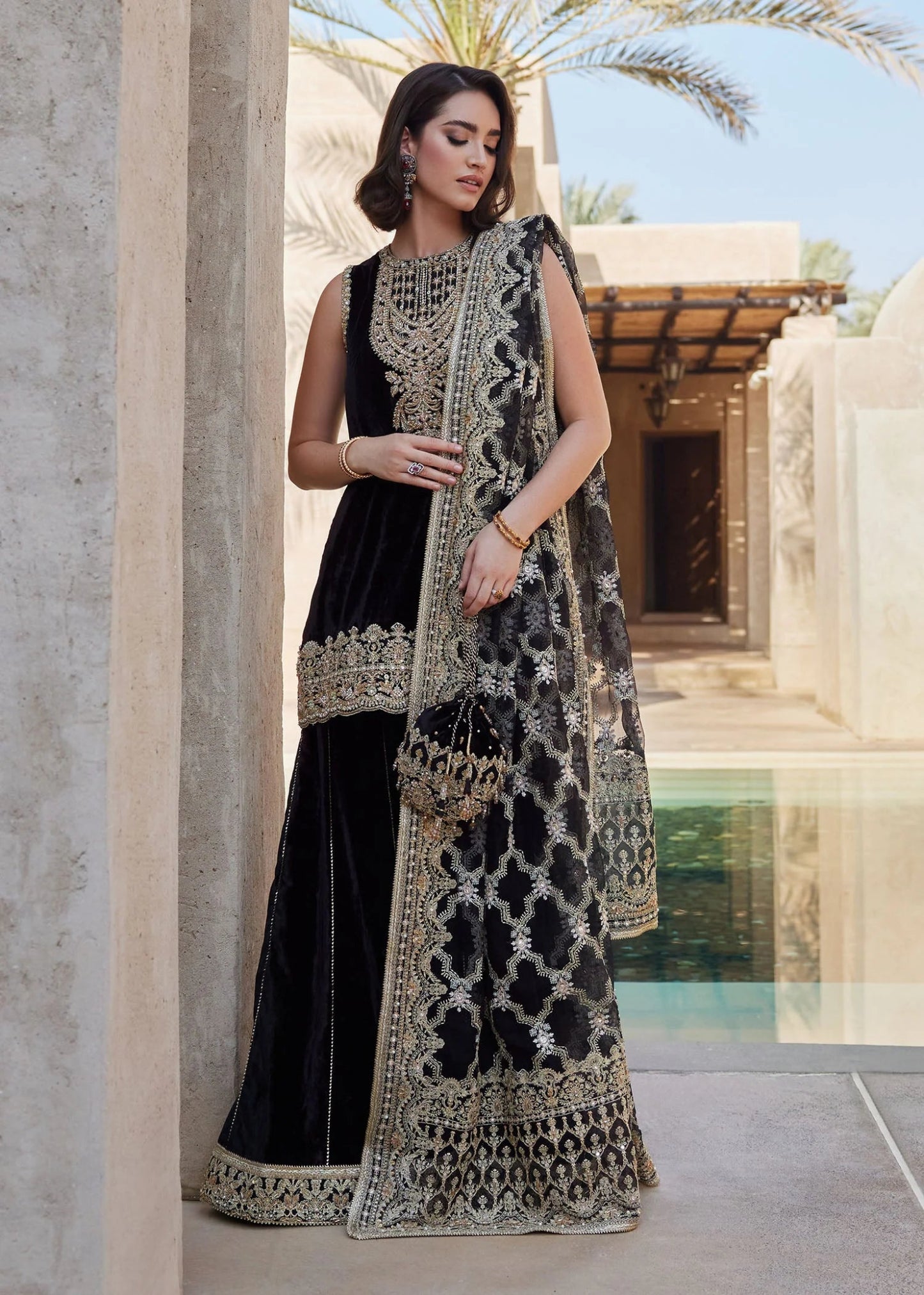 Model wearing Elynor from Kanwal Malik's Laira '24, exuding luxury pret charm. Pakistani clothes online in UK.